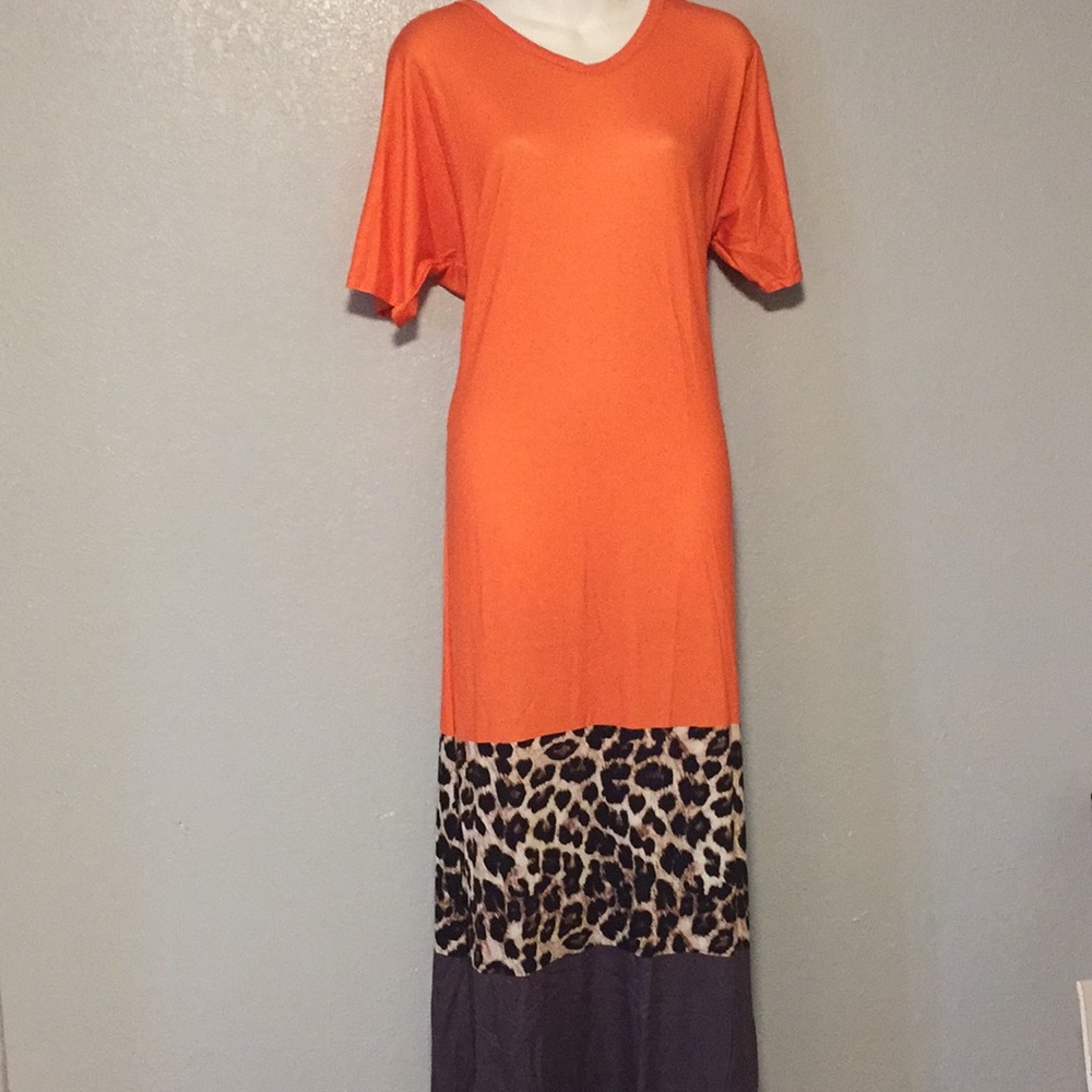 XL Orange Gray and animal print V Neck maxi dress